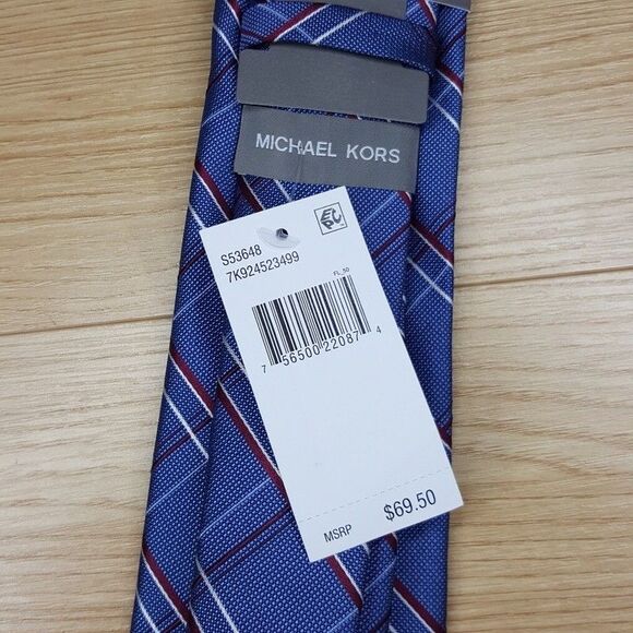 MICHAEL KORS Mens Neck Tie Blue Windowpane Plaid Classic Pointed Silk Blend - Picture 3 of 6